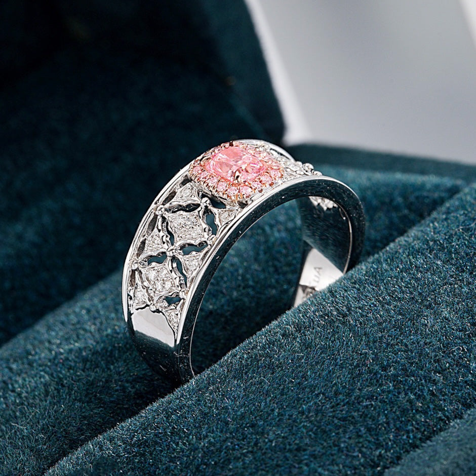 Cushion Cut Pink Diamond Lattice Band Ring with Diamond Accents -Perspective Close-up