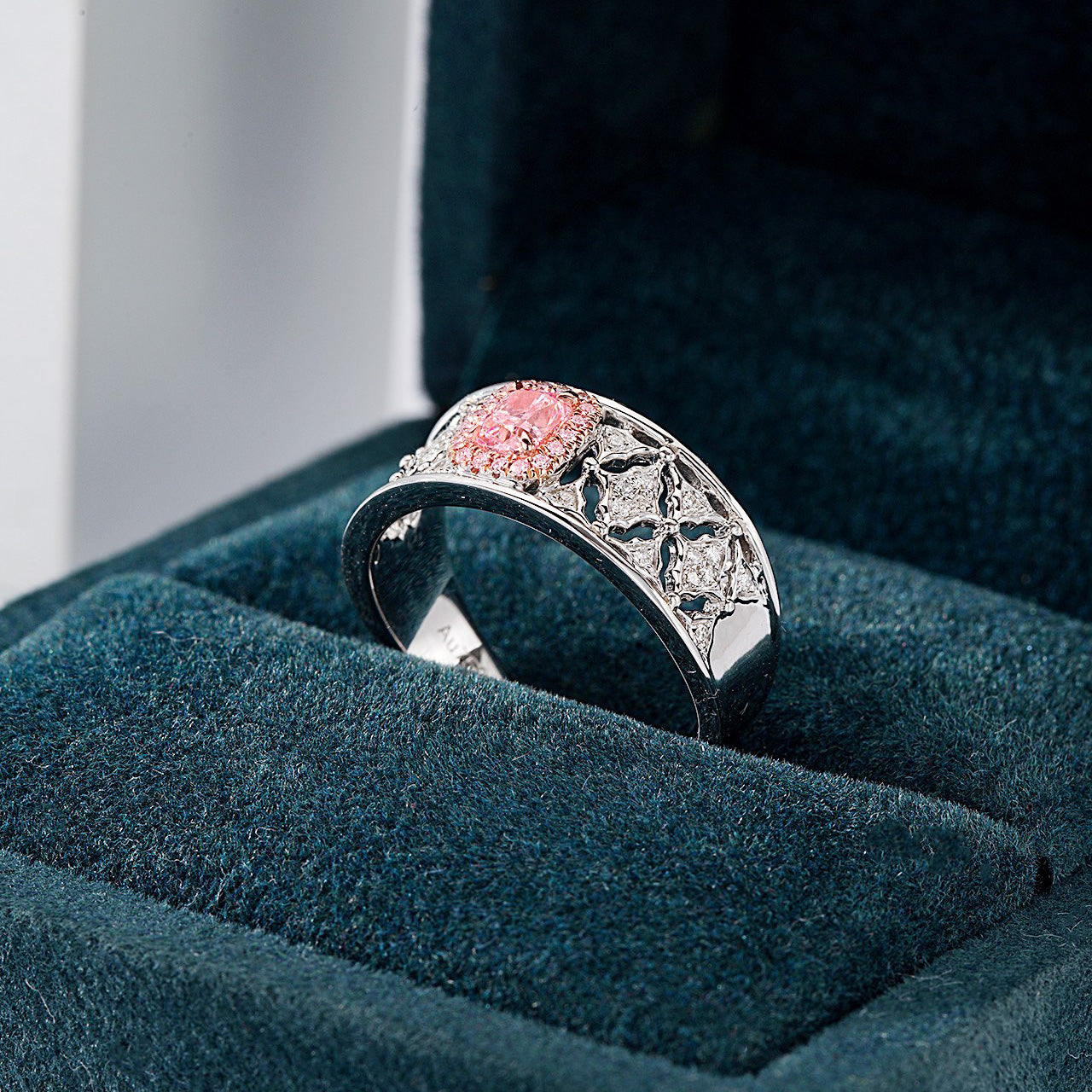 Cushion Cut Pink Diamond Lattice Band Ring with Diamond Accents -In-Box Display