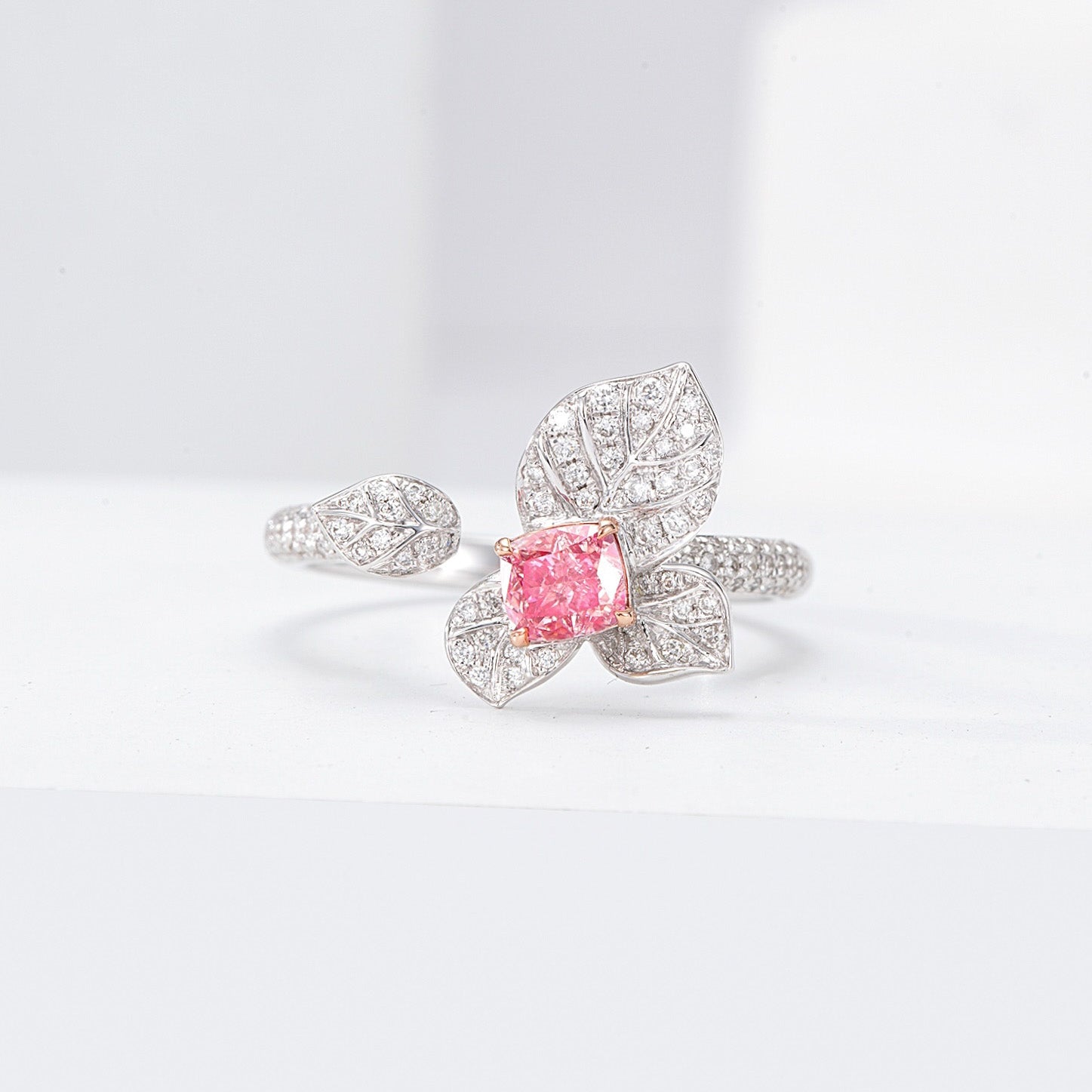 Cushion Cut Pink Diamond Engagement Ring with Leaf Design -Front View