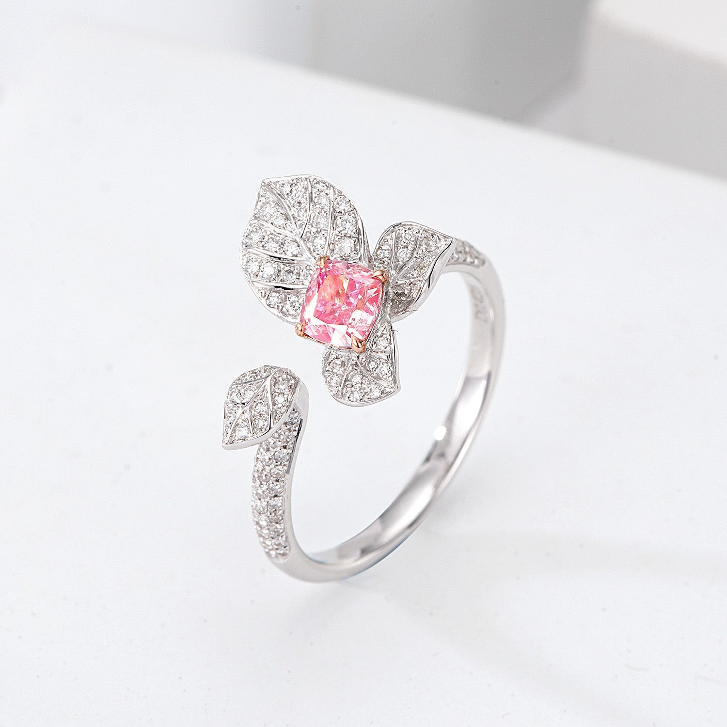 Cushion Cut Pink Diamond Engagement Ring with Leaf Design -Side Angle