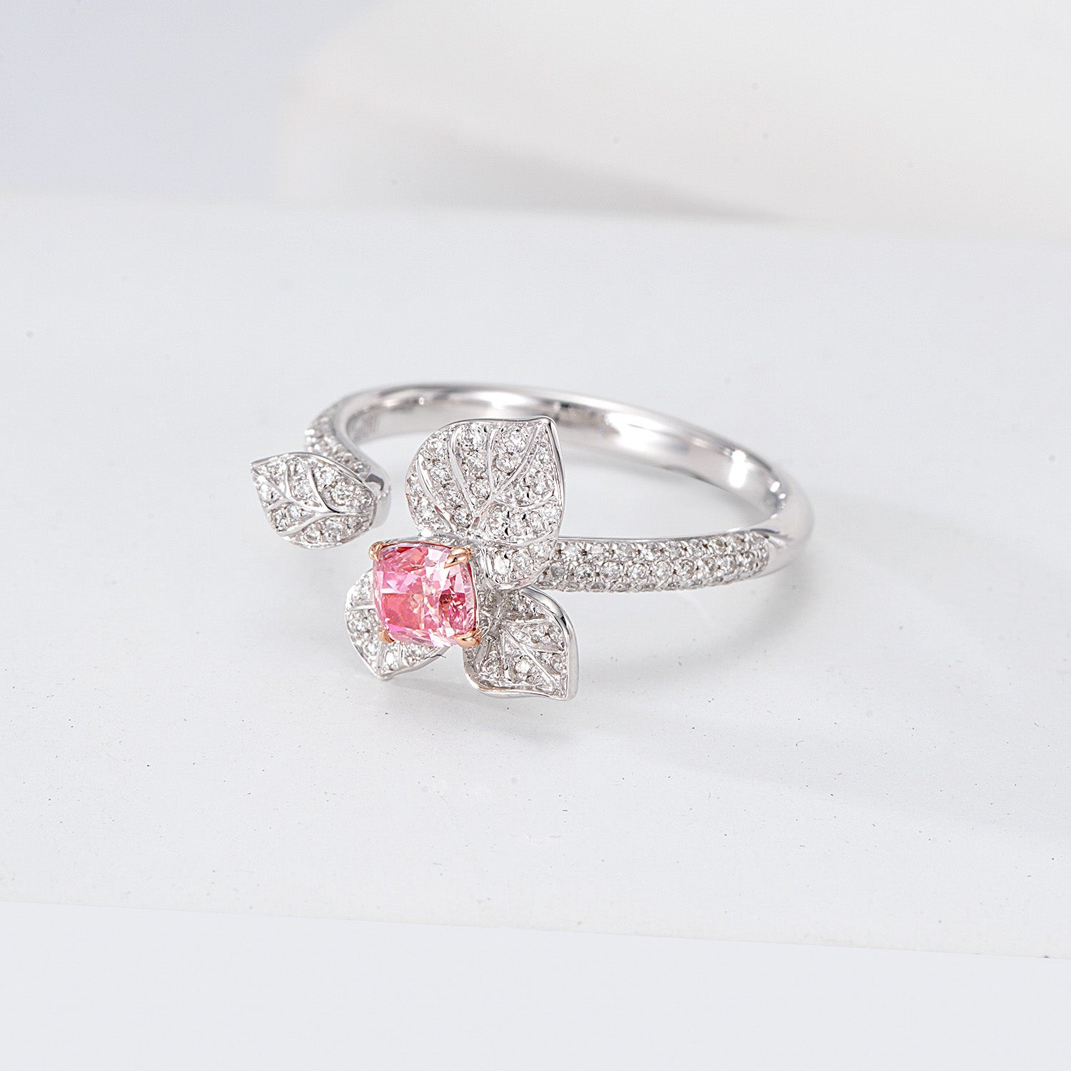 Cushion Cut Pink Diamond Engagement Ring with Leaf Design -Top View