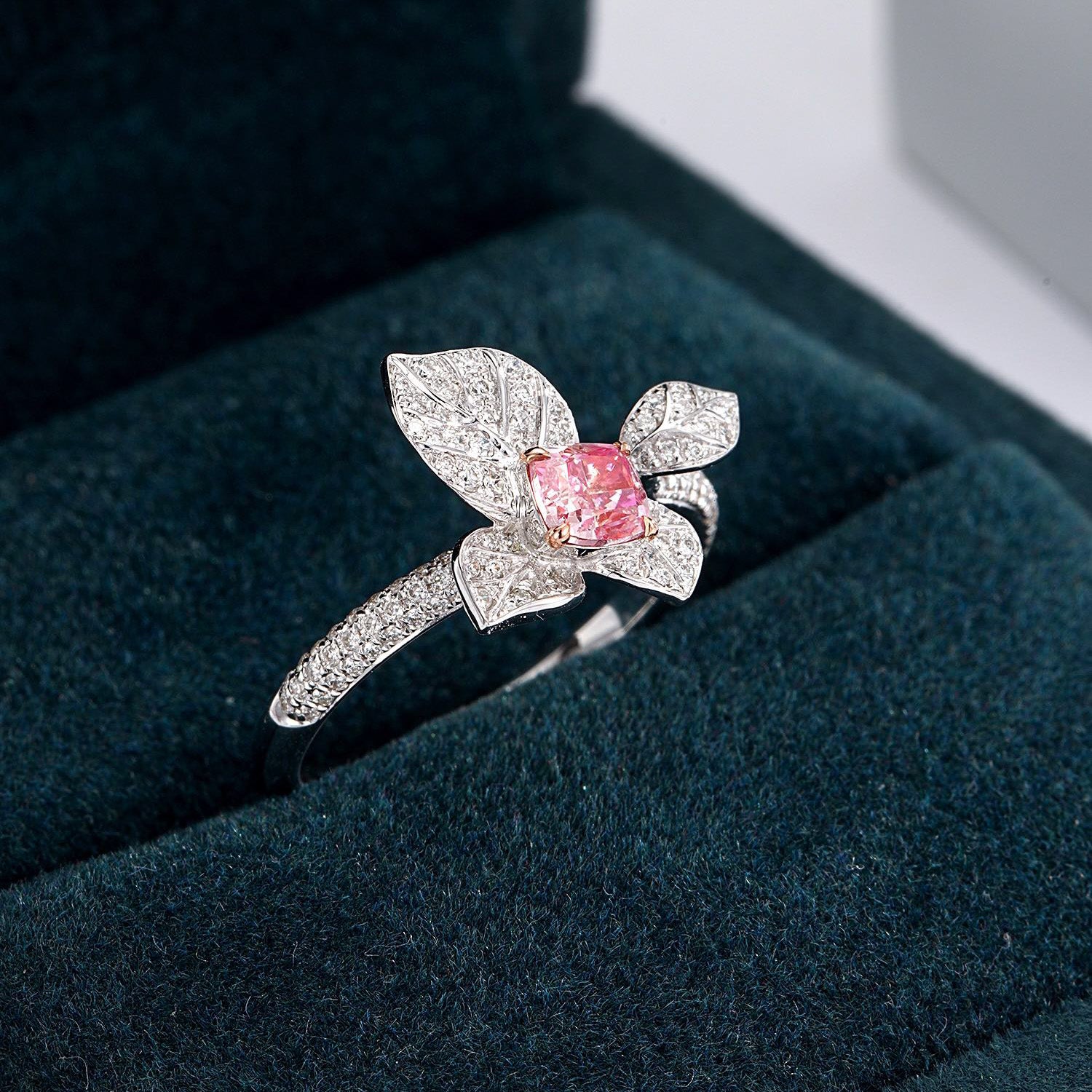 Cushion Cut Pink Diamond Engagement Ring with Leaf Design -Perspective Close-up