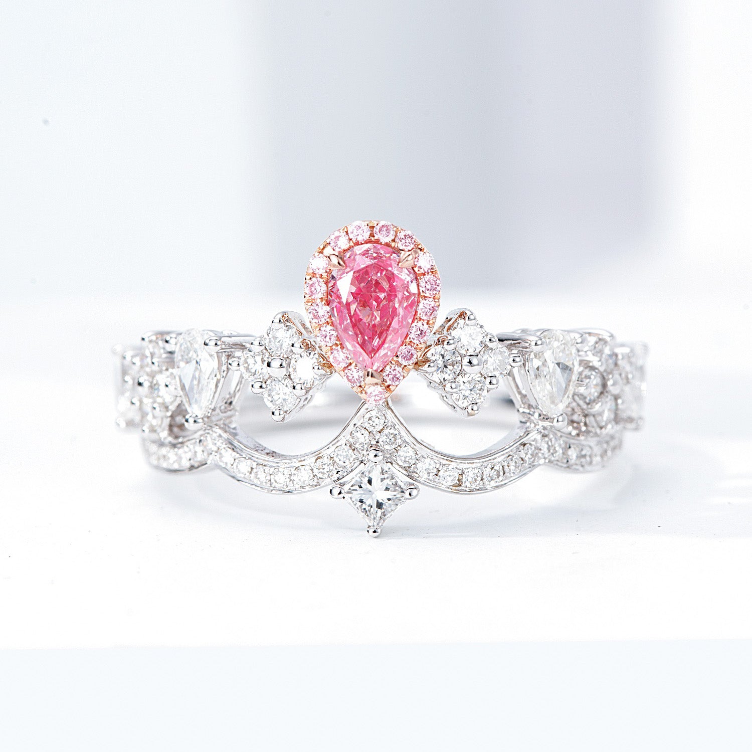 Pear Shaped Pink Diamond Crown Inspired Engagement Ring with Diamond Accents -Front View