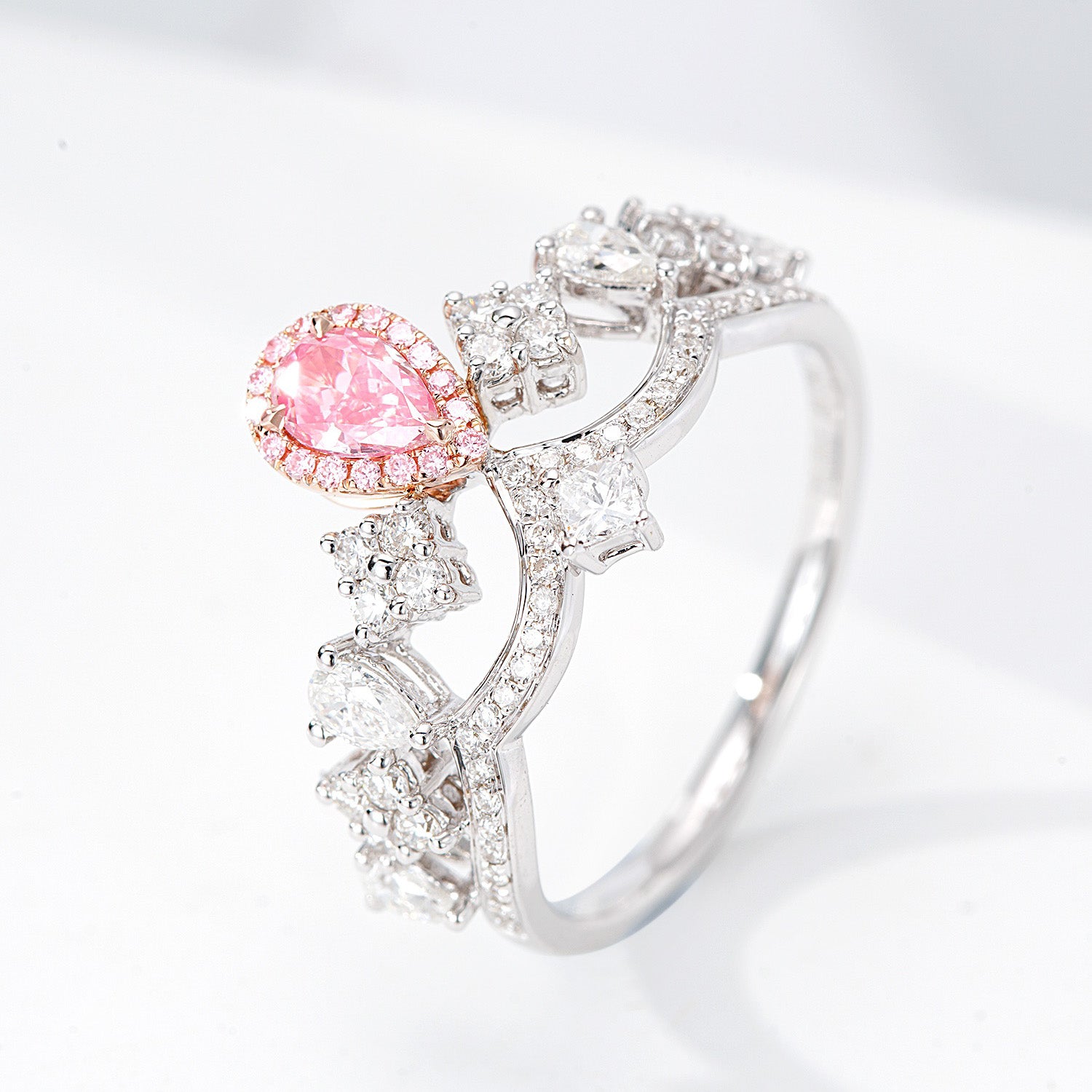 Pear Shaped Pink Diamond Crown Inspired Engagement Ring with Diamond Accents -Side Angle