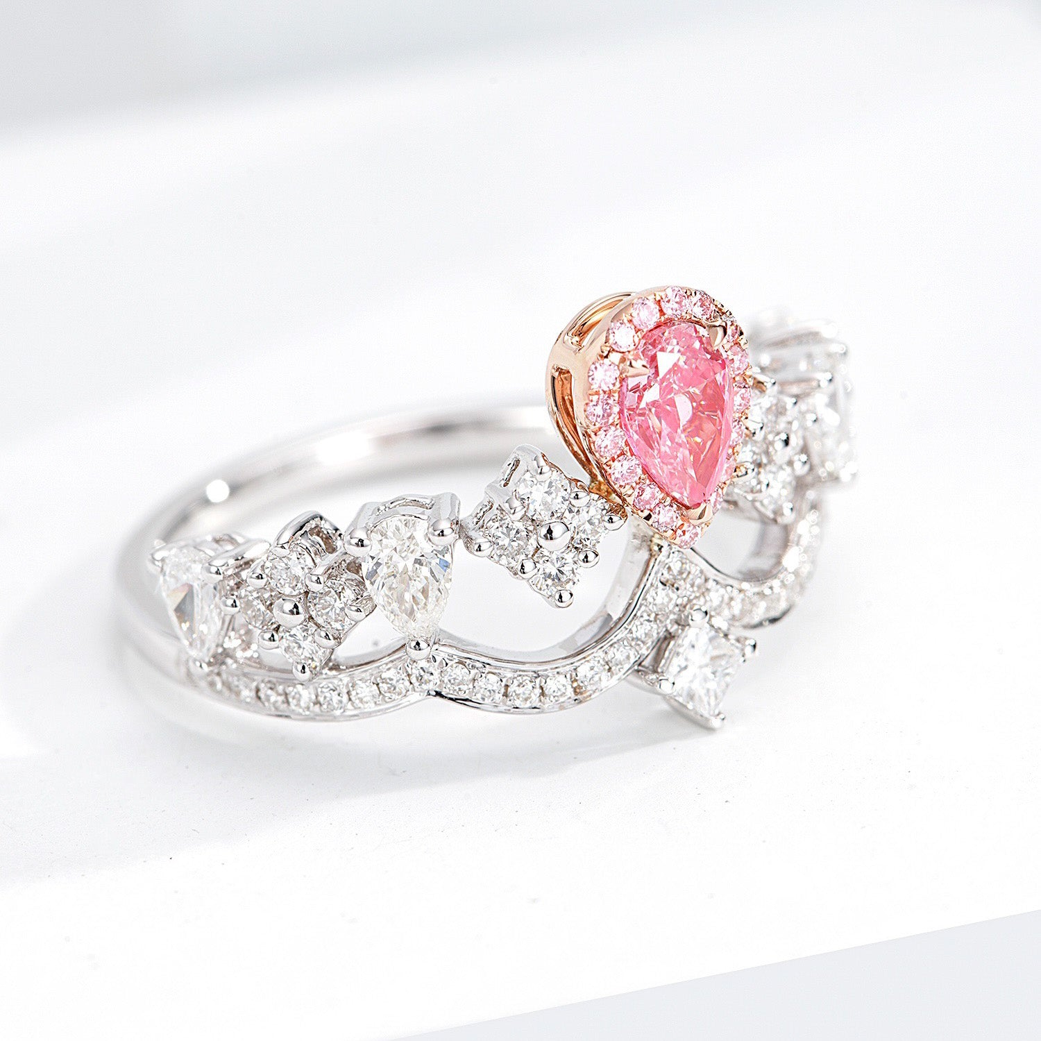 Pear Shaped Pink Diamond Crown Inspired Engagement Ring with Diamond Accents -Top View