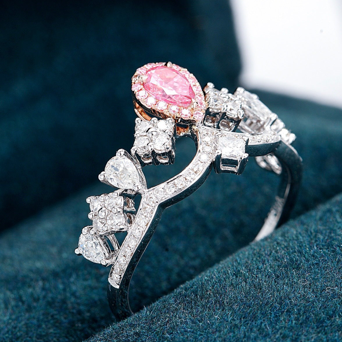 Pear Shaped Pink Diamond Crown Inspired Engagement Ring with Diamond Accents -Perspective Close-up