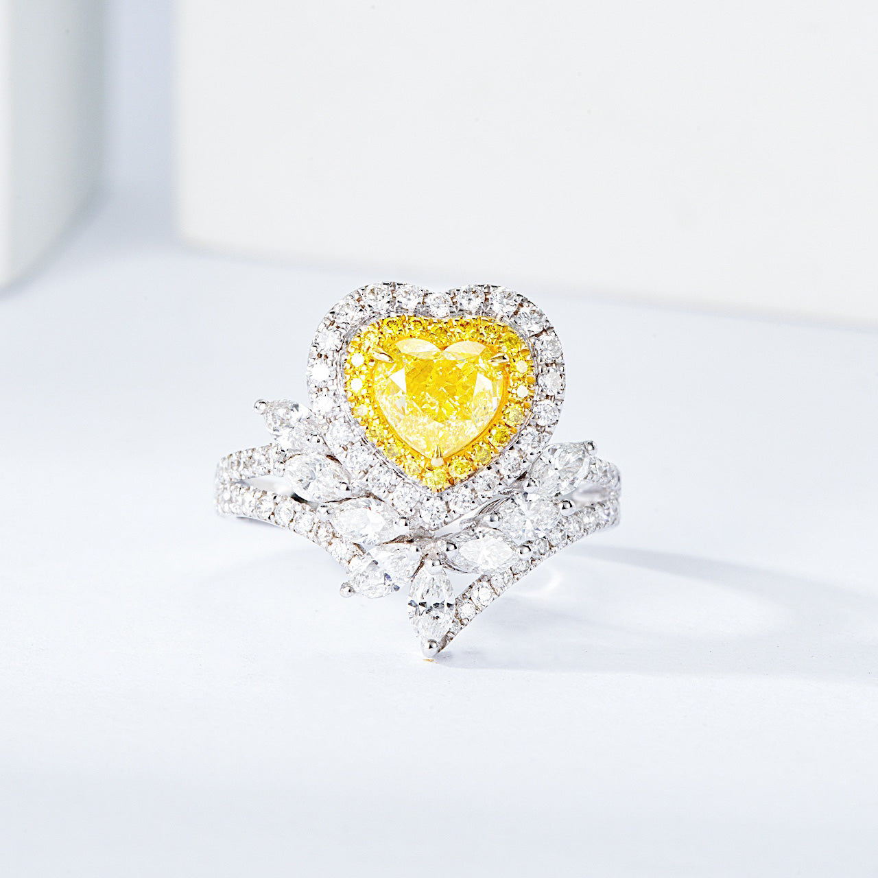 Heart Shaped Yellow Diamond Engagement Ring with Floral Inspired Diamond Accents -Front View