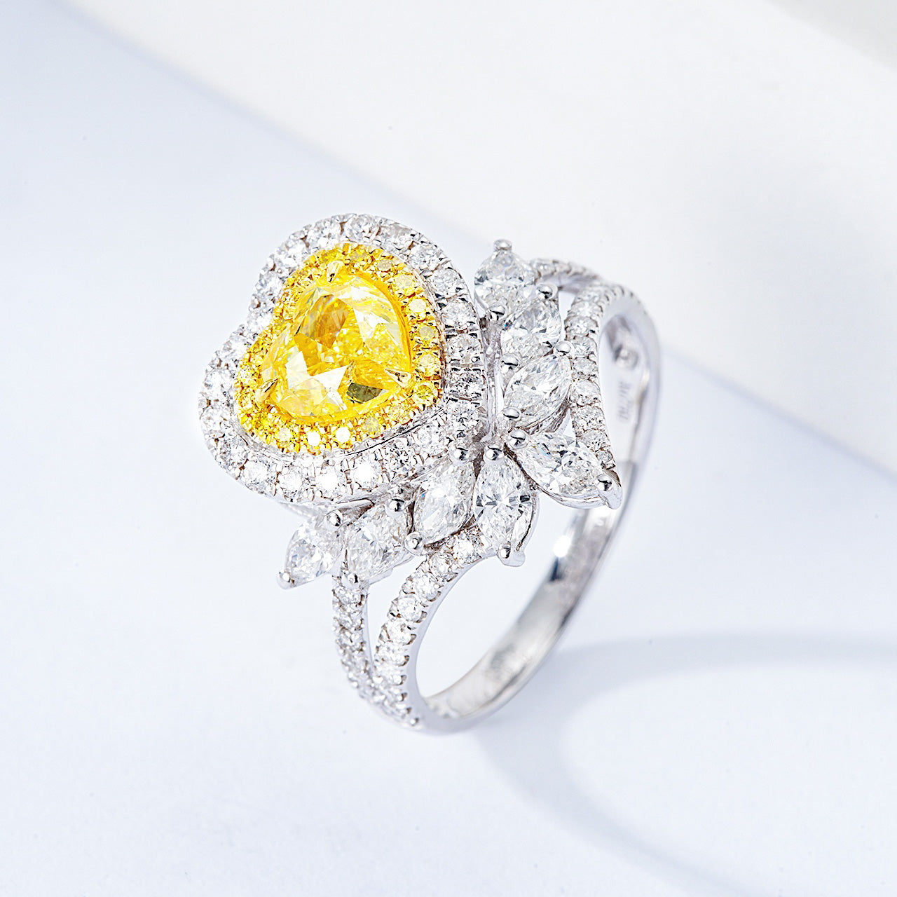 Heart Shaped Yellow Diamond Engagement Ring with Floral Inspired Diamond Accents -Side Angle