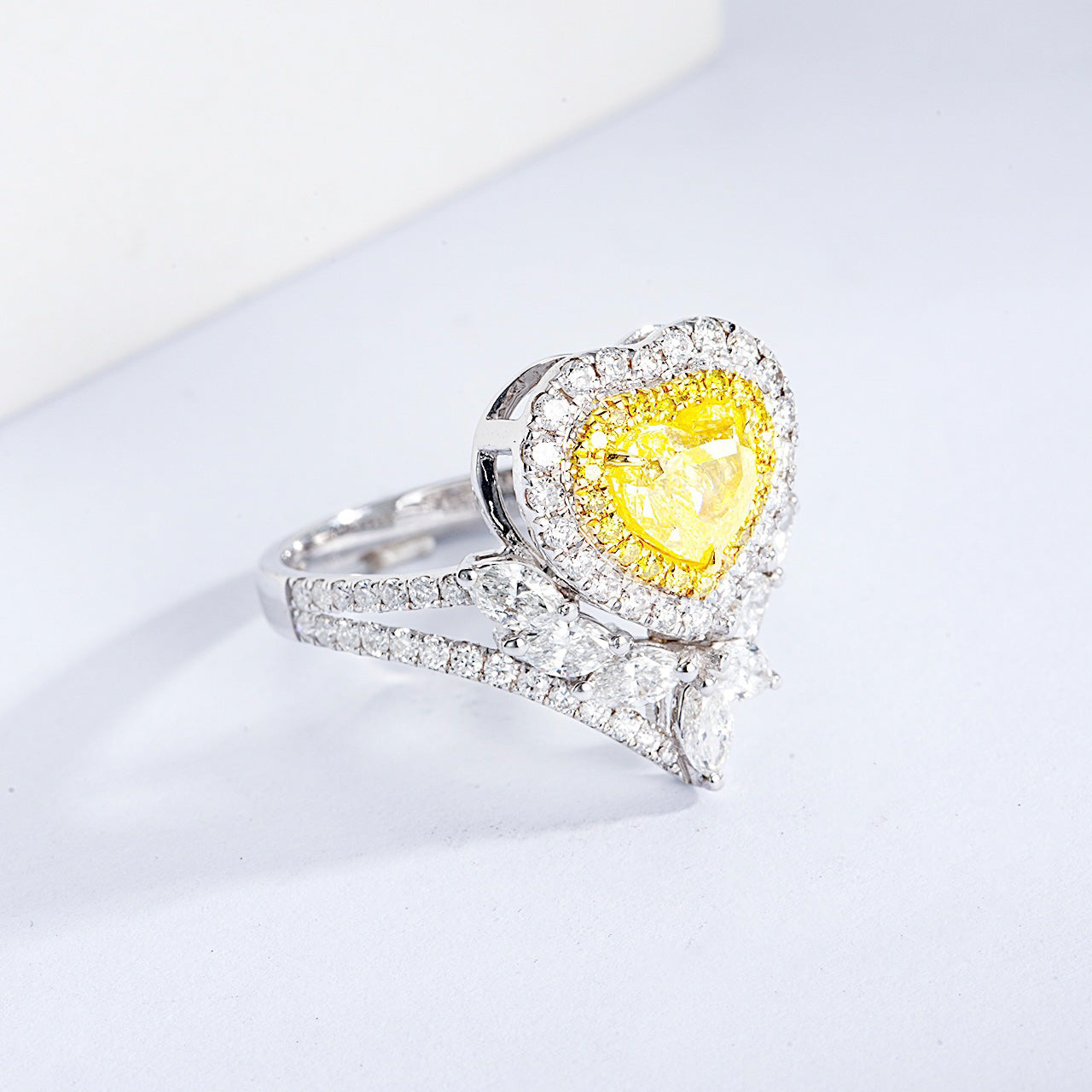 Heart Shaped Yellow Diamond Engagement Ring with Floral Inspired Diamond Accents -Top View