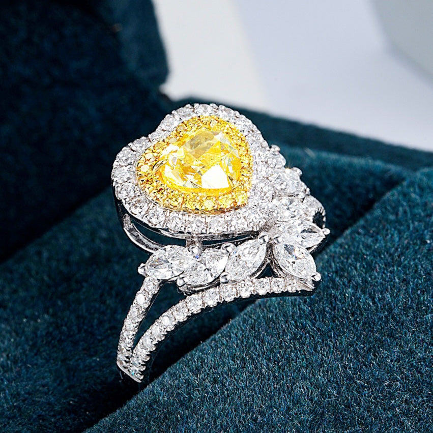 Heart Shaped Yellow Diamond Engagement Ring with Floral Inspired Diamond Accents -Perspective Close-up