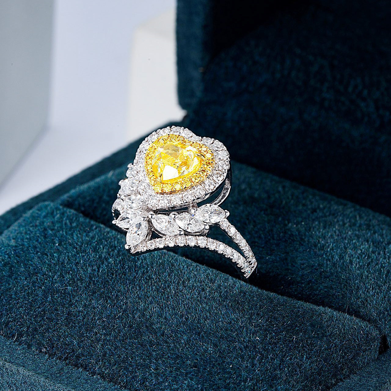 Heart Shaped Yellow Diamond Engagement Ring with Floral Inspired Diamond Accents -In-Box Display