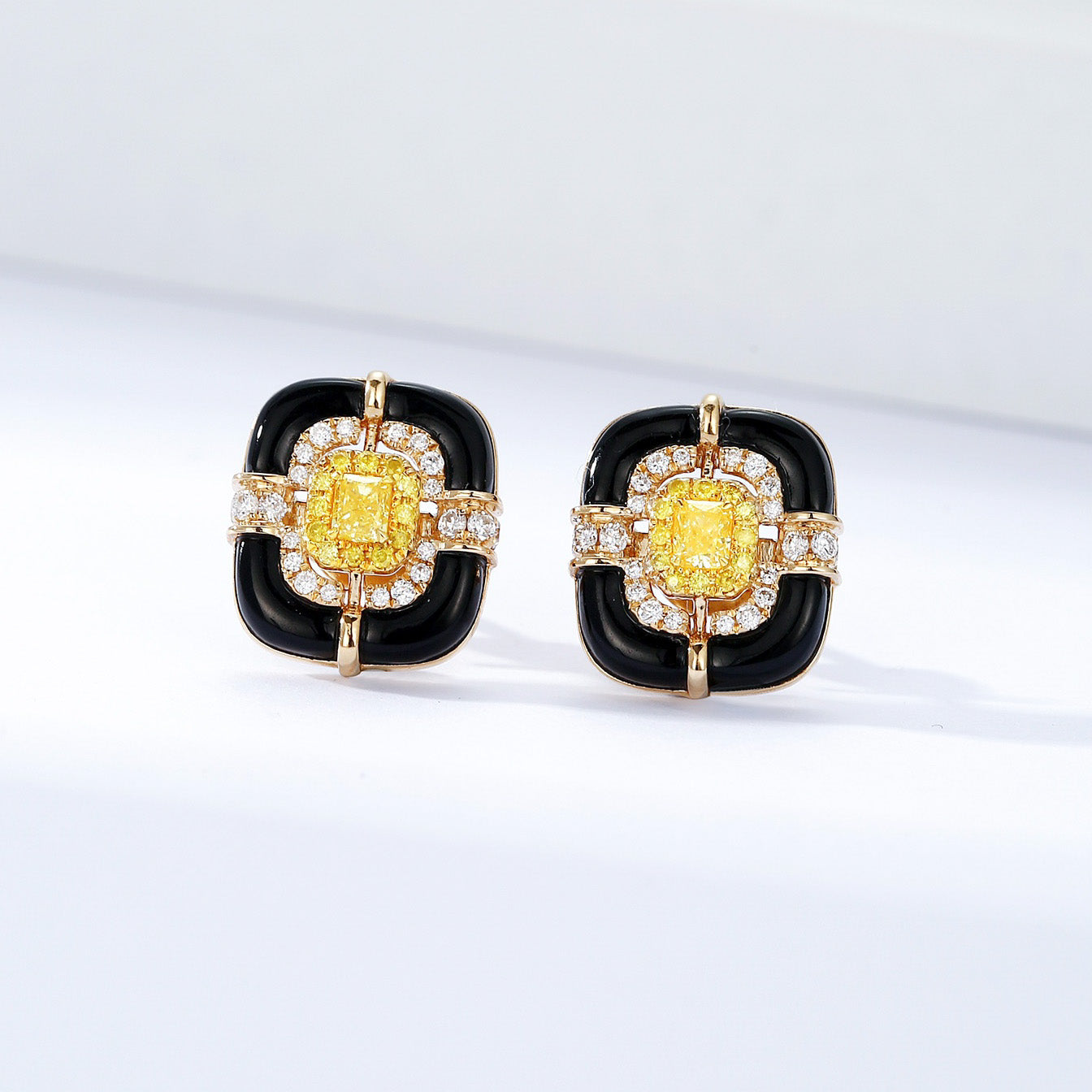 Cushion Cut Yellow Diamond Stud Earrings with Black Onyx -Front View