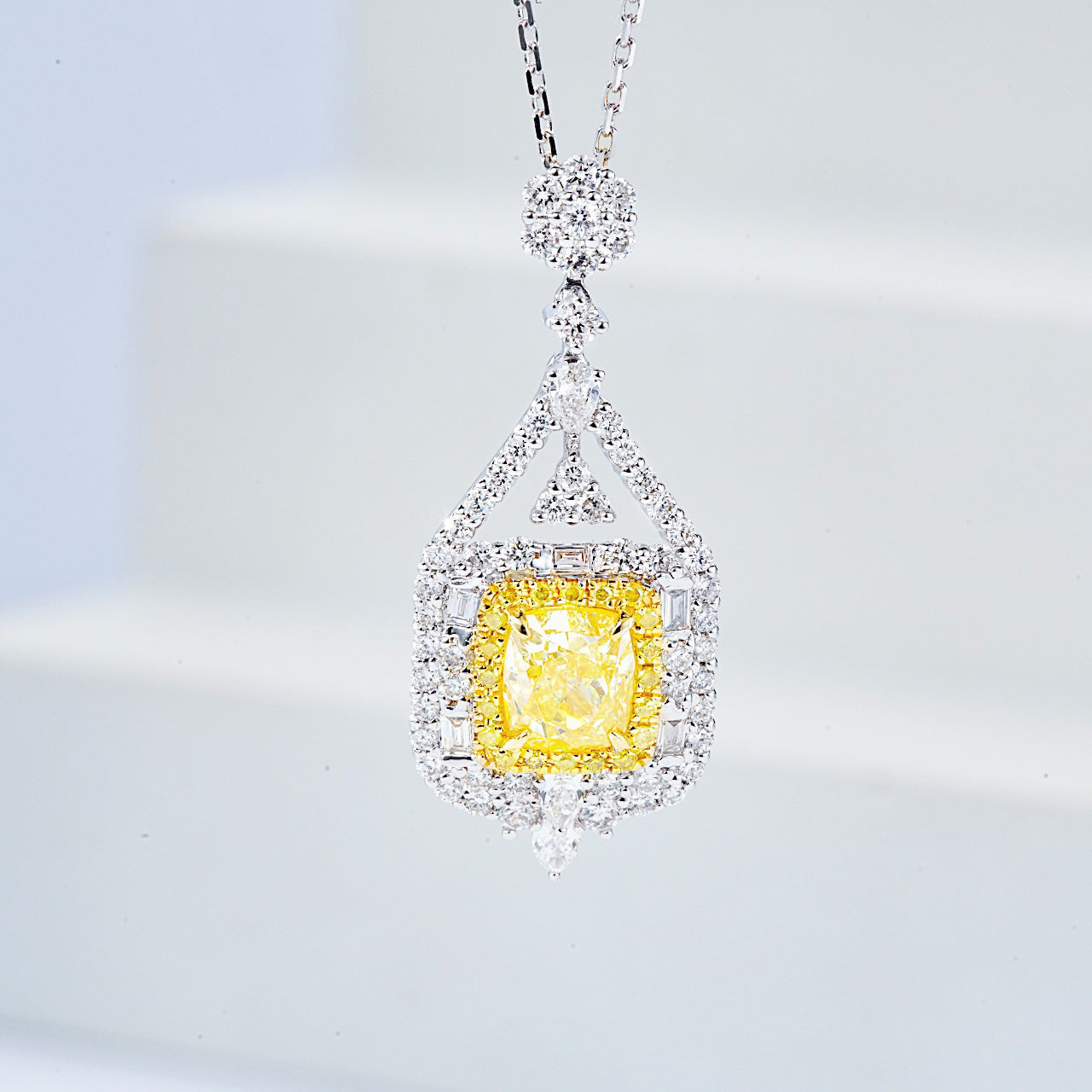 Cushion Cut Yellow Diamond Designer Pendant in 18K White Gold -Front View