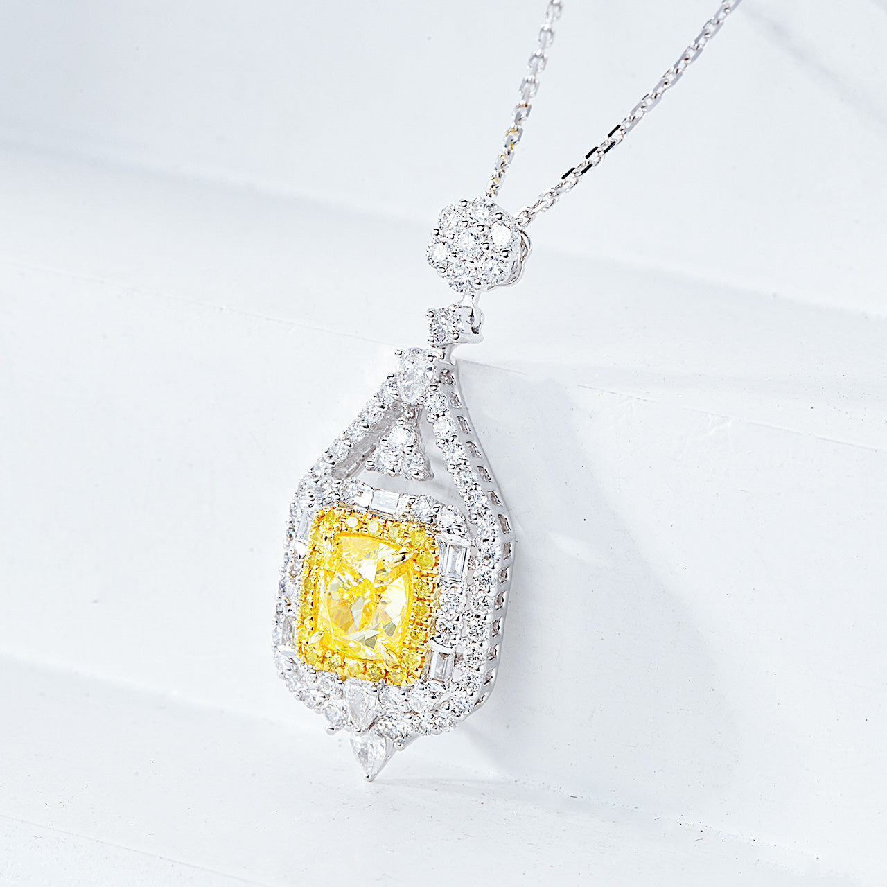 Cushion Cut Yellow Diamond Designer Pendant in 18K White Gold -Side Angle