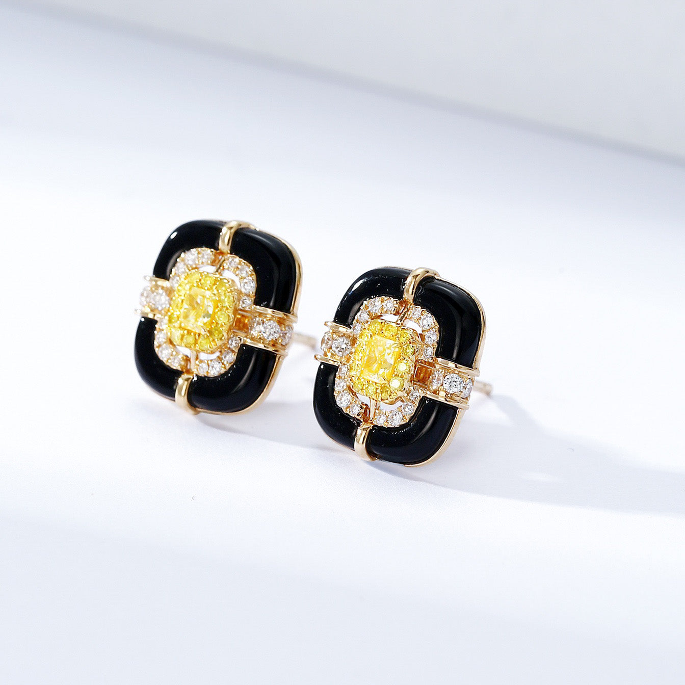 Cushion Cut Yellow Diamond Stud Earrings with Black Onyx -Side Angle