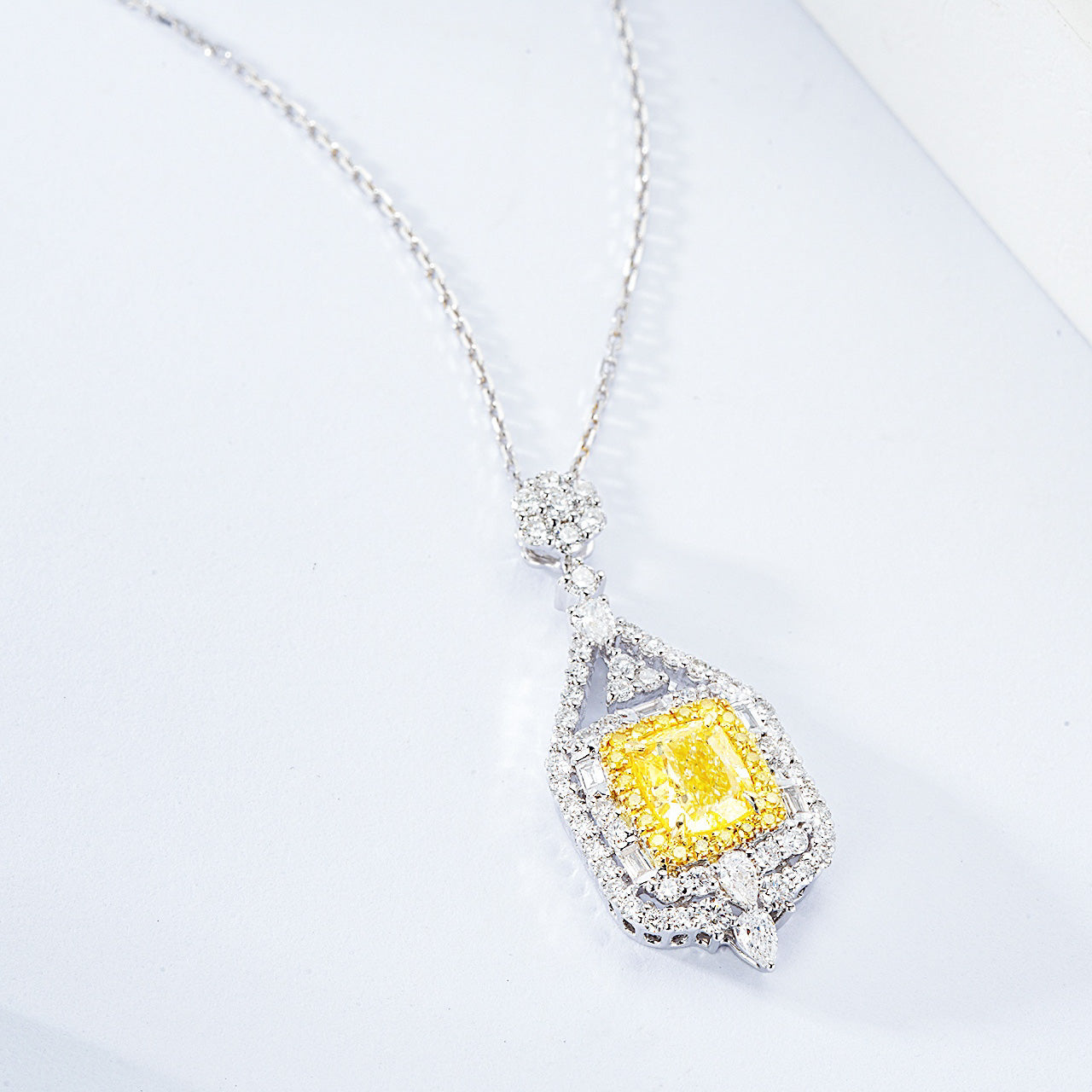 Cushion Cut Yellow Diamond Designer Pendant in 18K White Gold -Top View