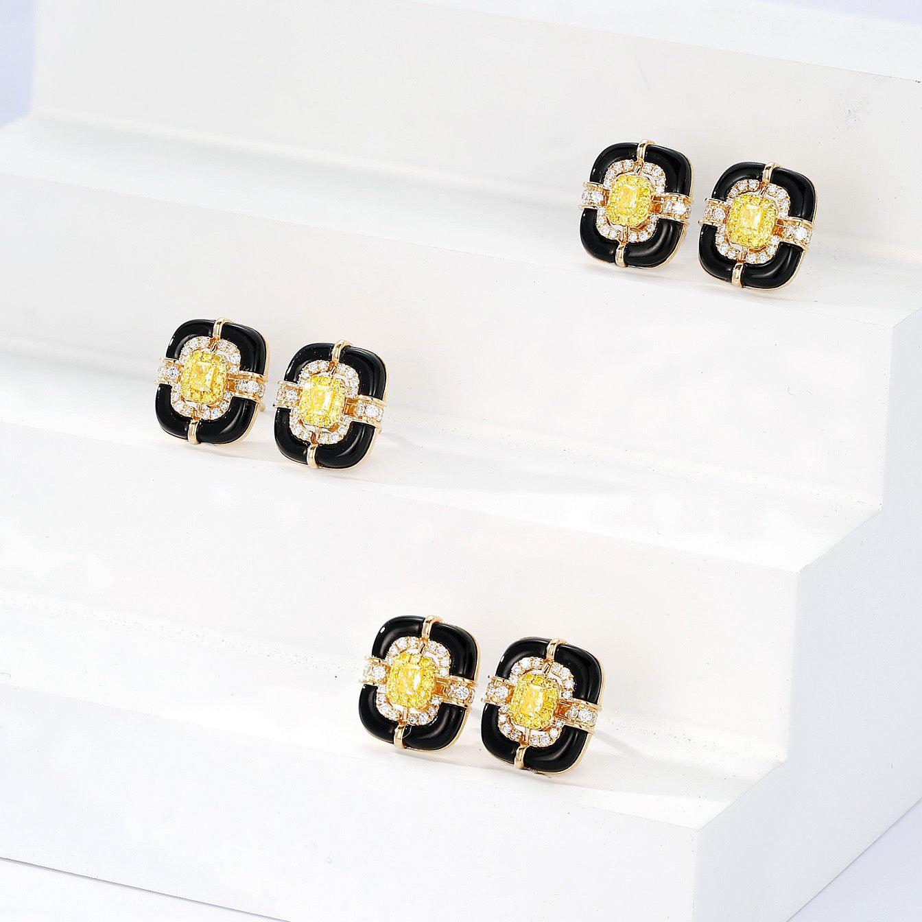 Cushion Cut Yellow Diamond Stud Earrings with Black Onyx -Top View