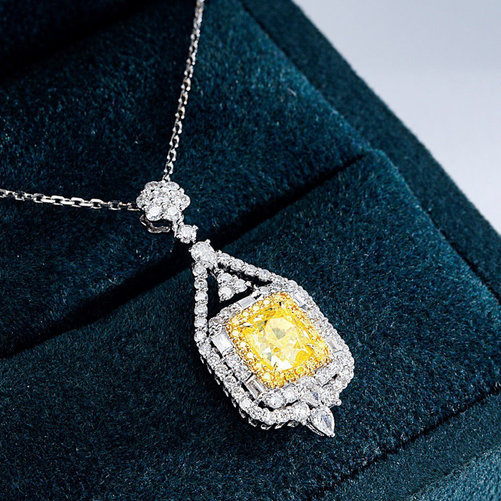 Cushion Cut Yellow Diamond Designer Pendant in 18K White Gold -Perspective Close-up