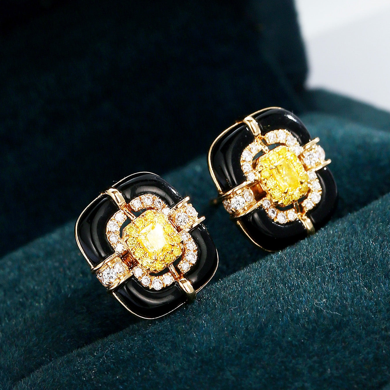 Cushion Cut Yellow Diamond Stud Earrings with Black Onyx -Perspective Close-up