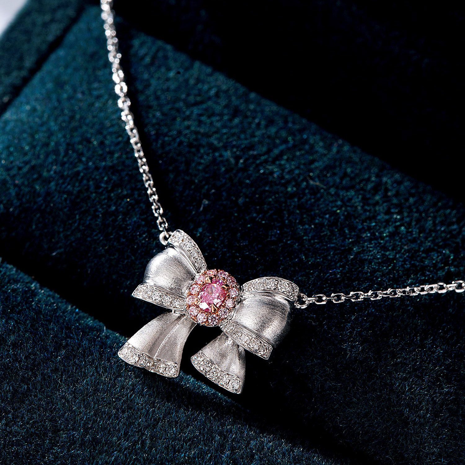 Oval Cut Pink Diamond Pendant with Butterfly Bow Design in 18K White Gold -In-Box Display