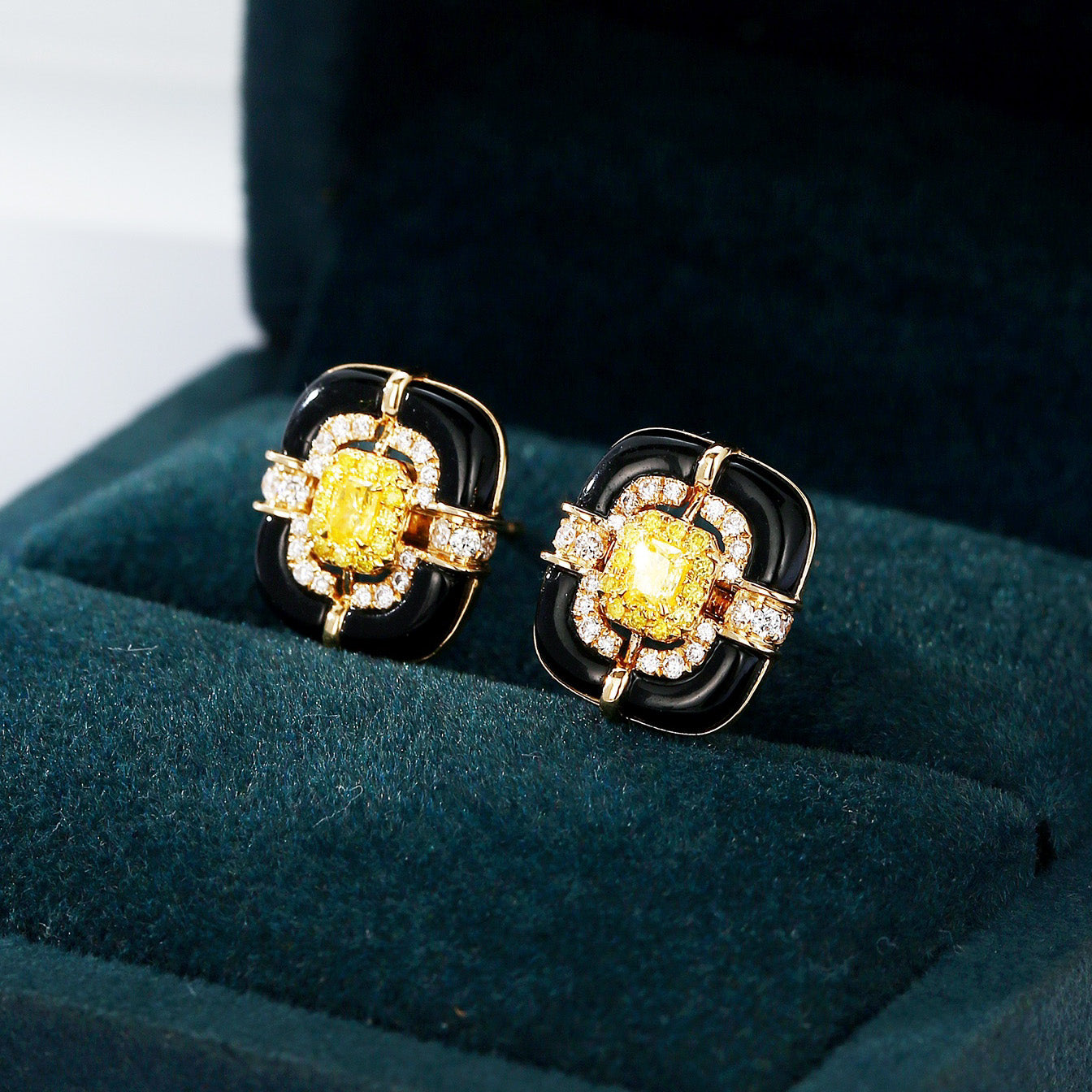 Cushion Cut Yellow Diamond Stud Earrings with Black Onyx -In-Box Display