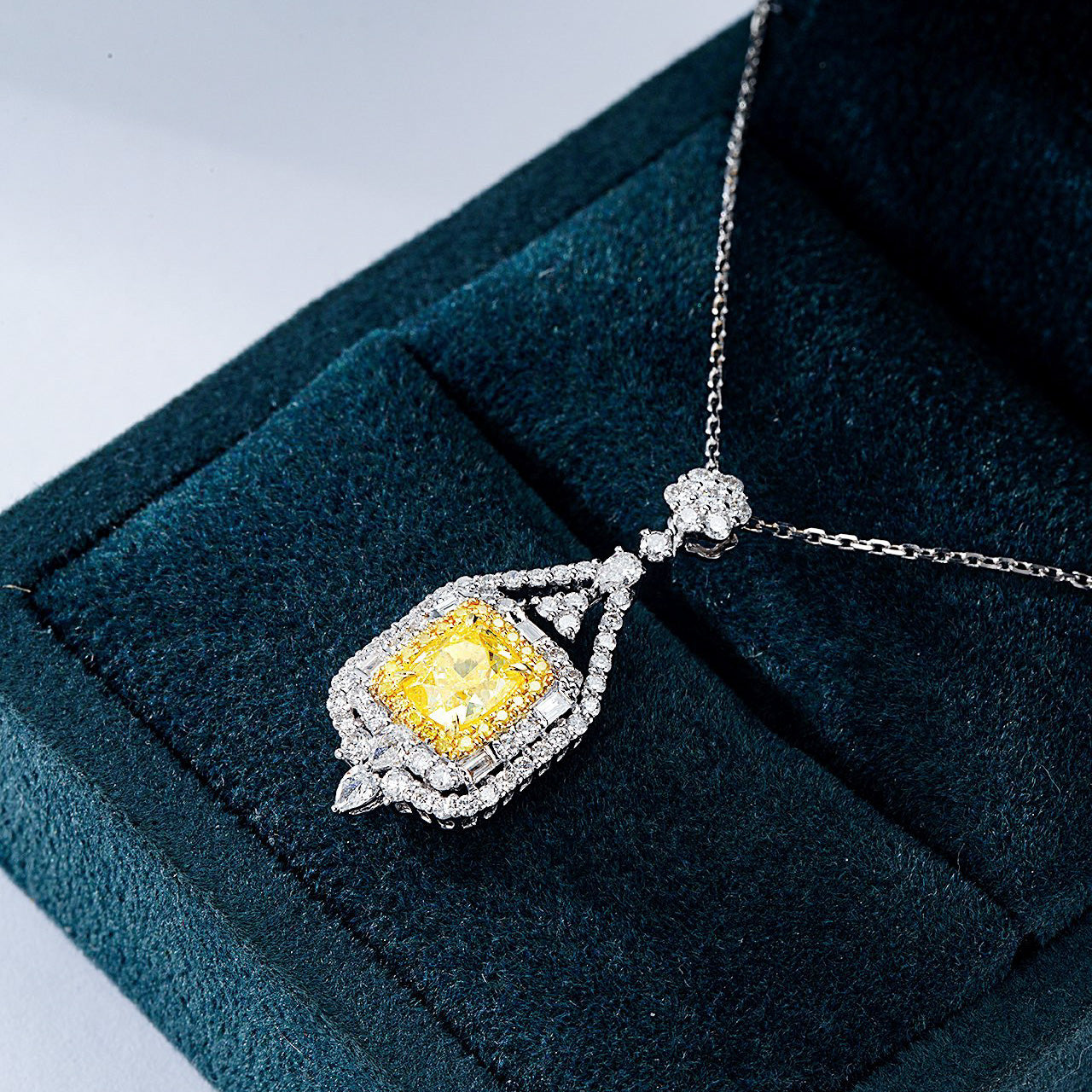 Cushion Cut Yellow Diamond Designer Pendant in 18K White Gold -In-Box Display