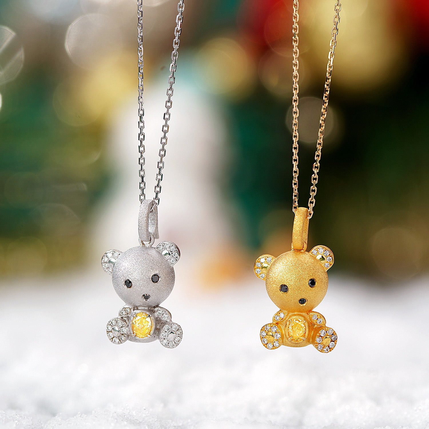 Adorable 3D Yellow Diamond Bear Christmas Pendant in 18K Gold -Front View