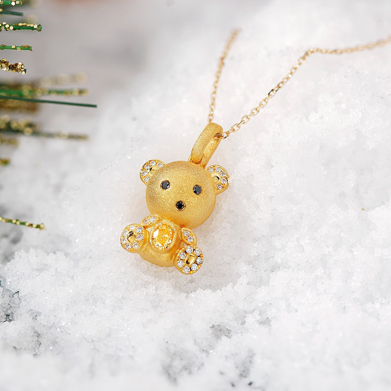 Adorable 3D Yellow Diamond Bear Christmas Pendant in 18K Gold -Side Angle