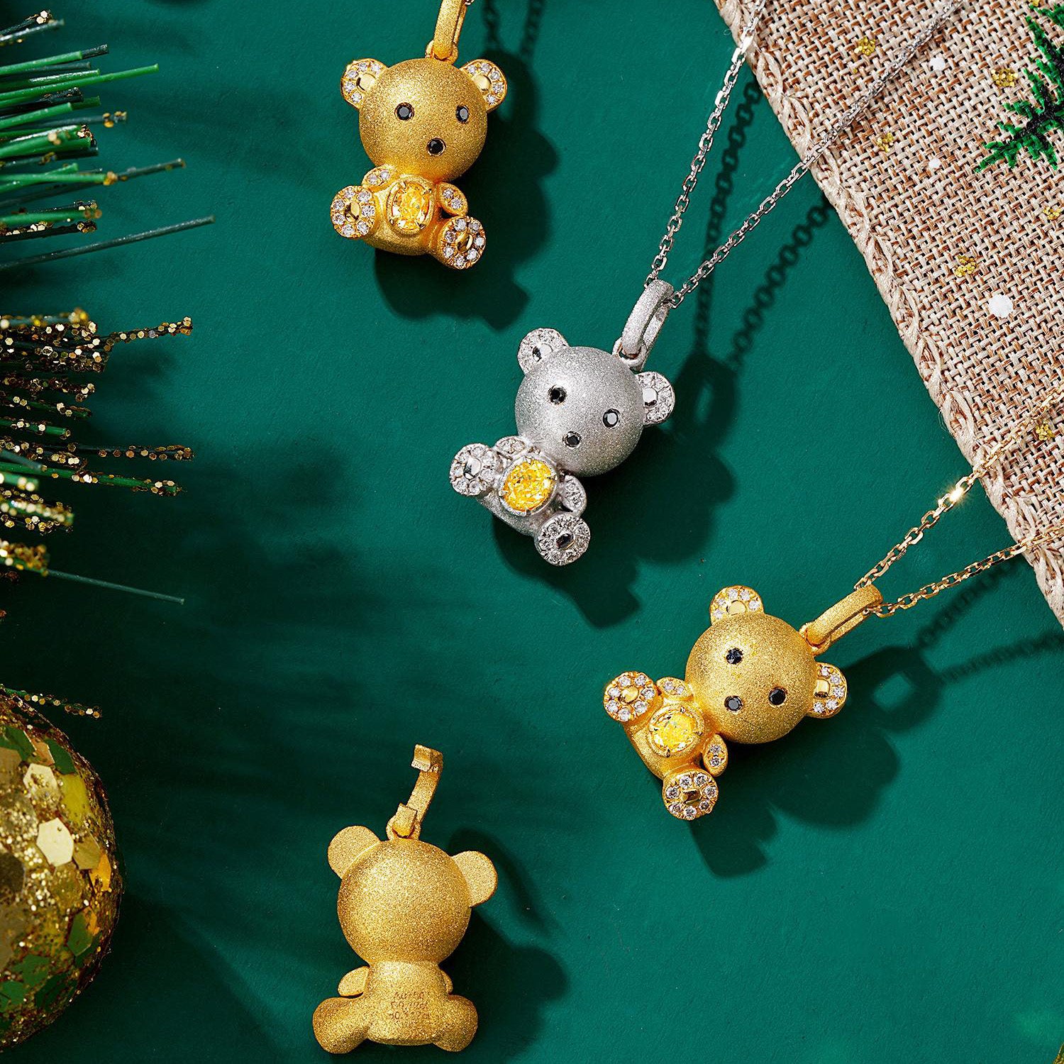 Adorable 3D Yellow Diamond Bear Christmas Pendant in 18K Gold -Top View