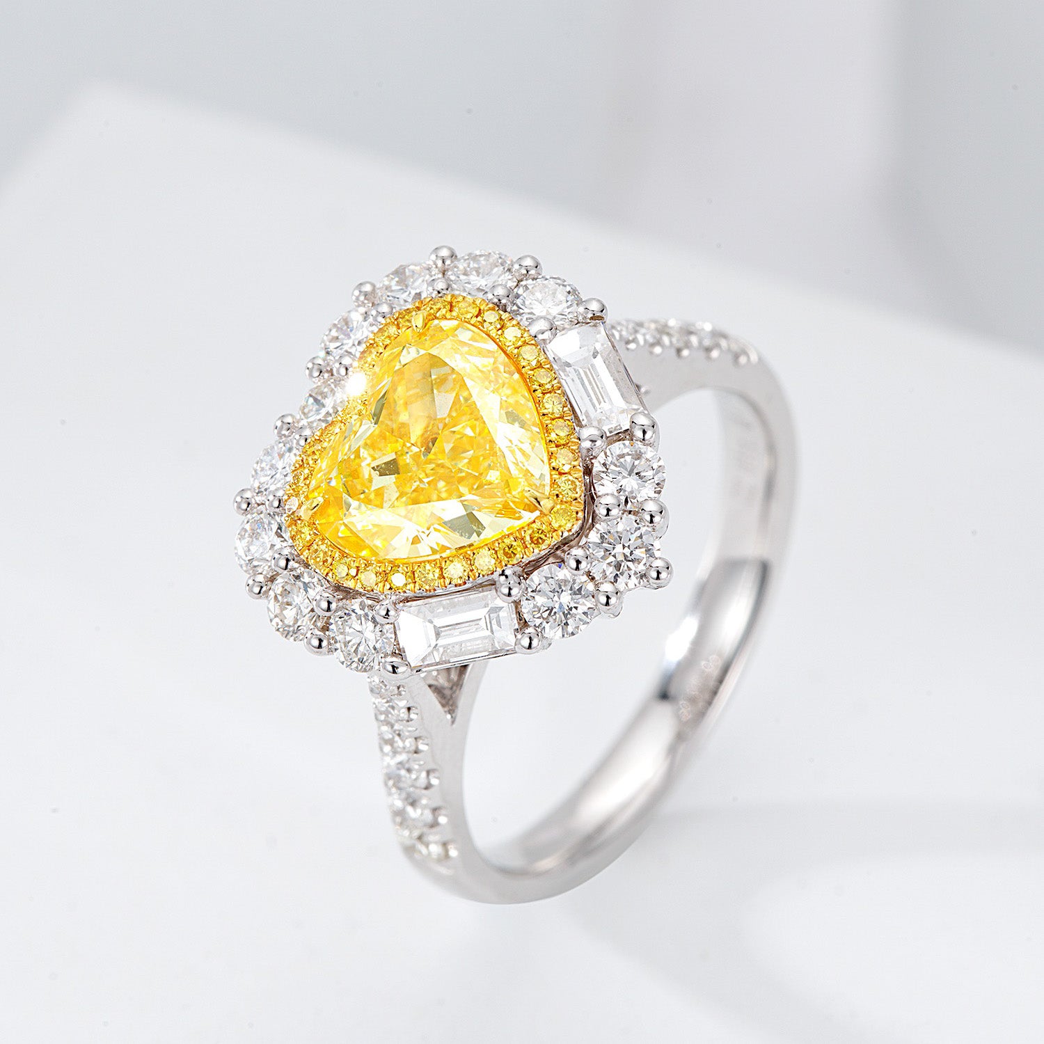 Heart Shaped Yellow Diamond Engagement Ring with Pavé Halo Setting in 18K White Gold -Side Angle