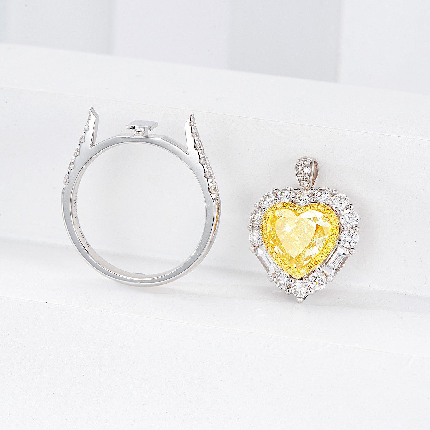 Heart Shaped Yellow Diamond Engagement Ring with Pavé Halo Setting in 18K White Gold -Top View