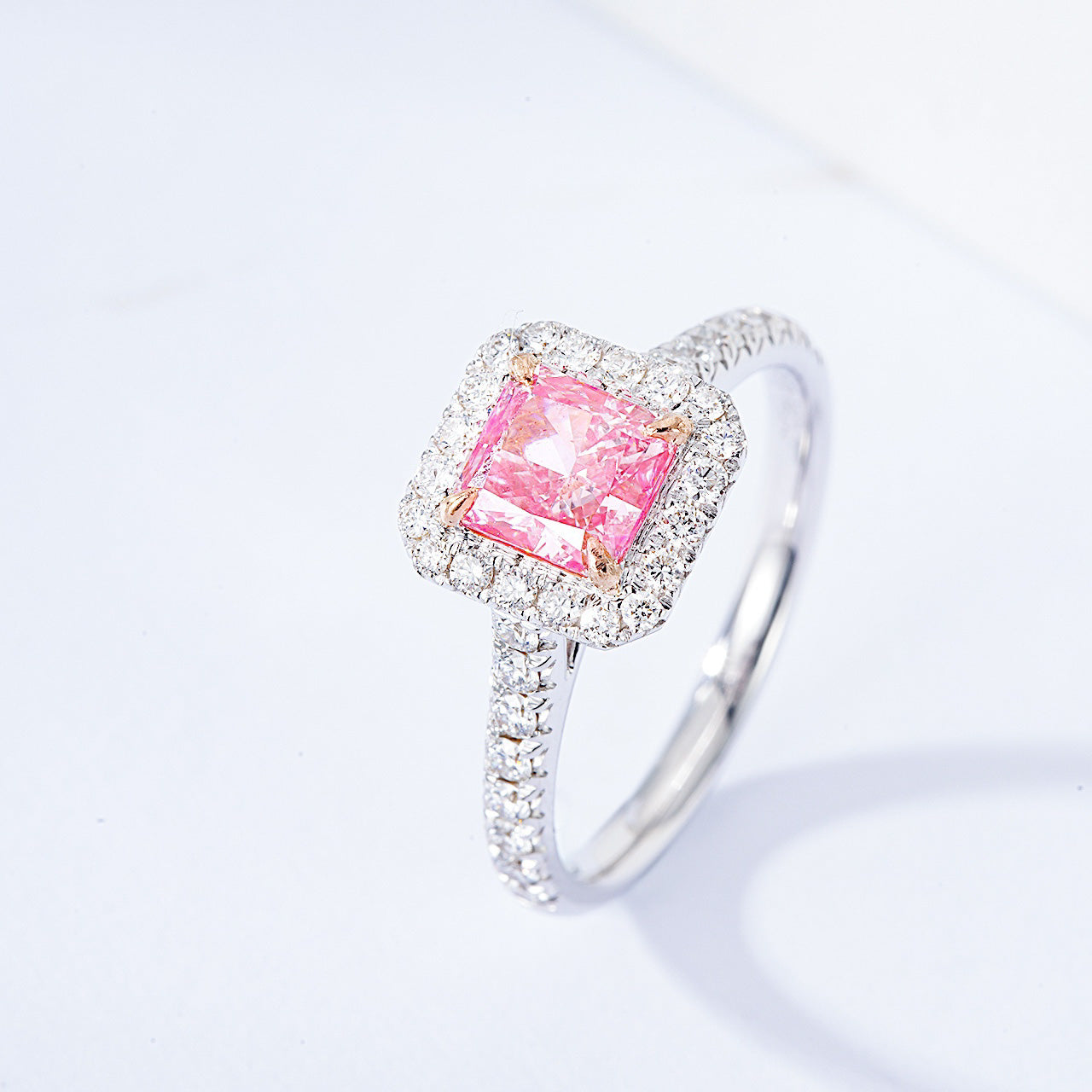 Radiant Cut Pink Diamond Halo Engagement Ring With Pavé Band -Side Angle