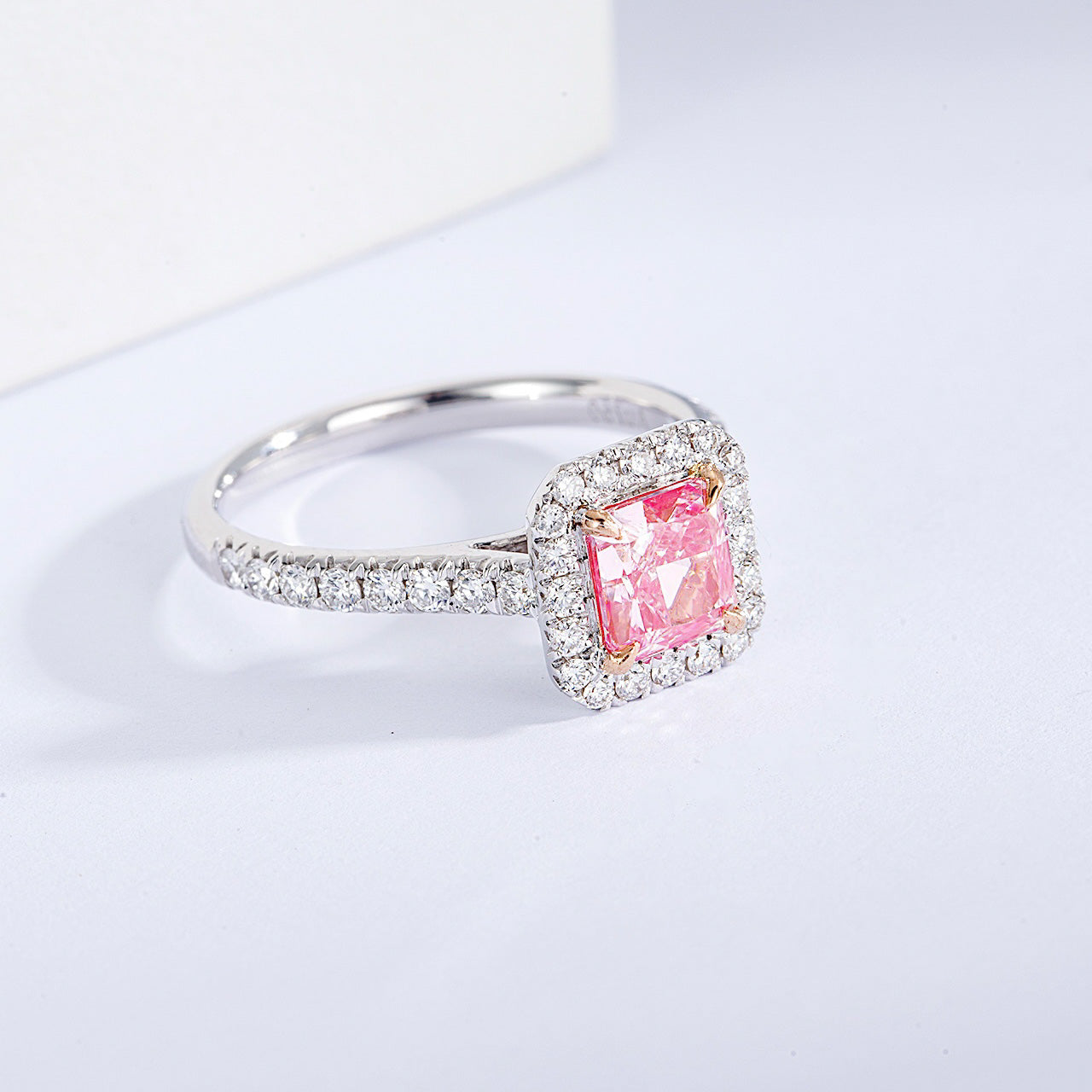 Radiant Cut Pink Diamond Halo Engagement Ring With Pavé Band -Top View