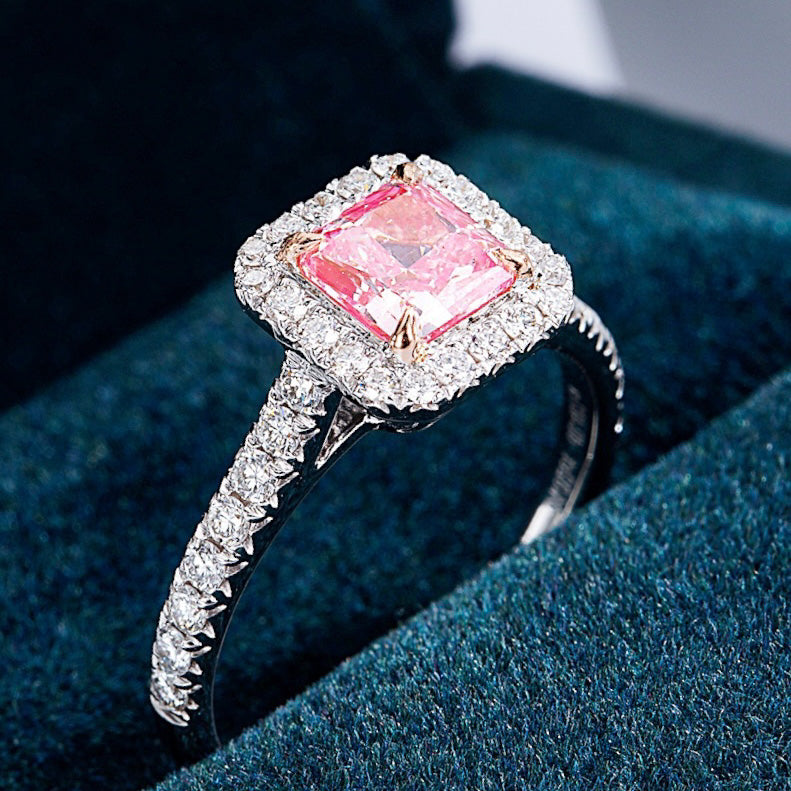 Radiant Cut Pink Diamond Halo Engagement Ring With Pavé Band -Perspective Close-up