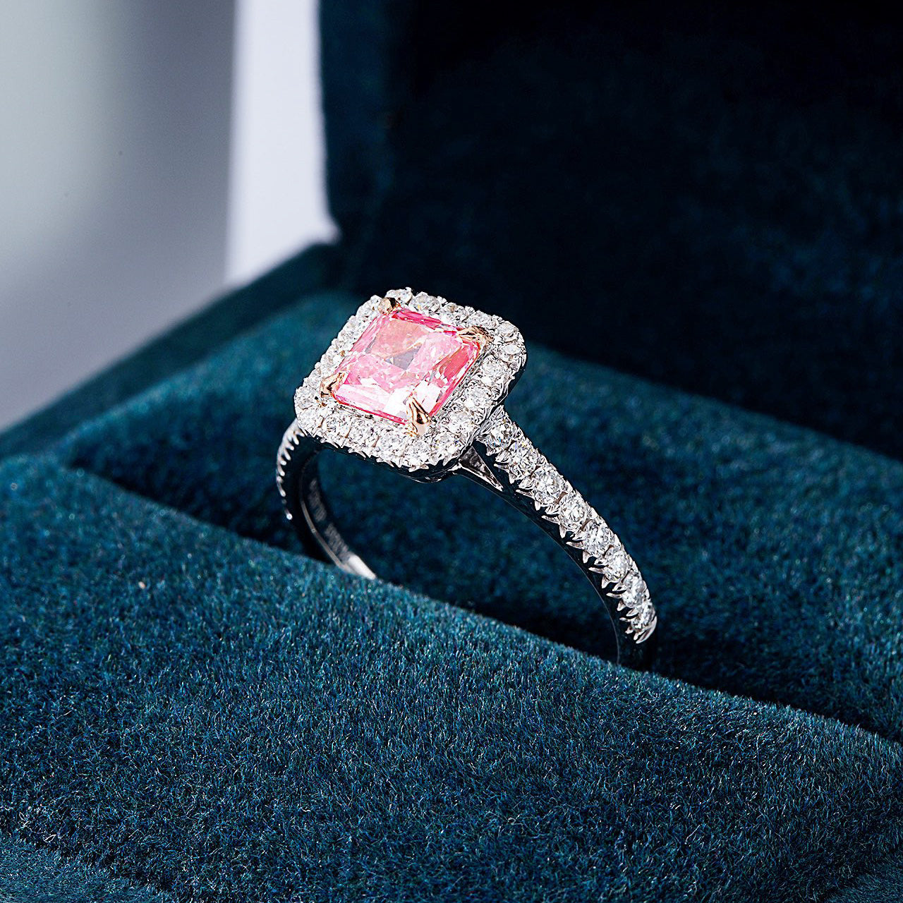 Radiant Cut Pink Diamond Halo Engagement Ring With Pavé Band -In-Box Display