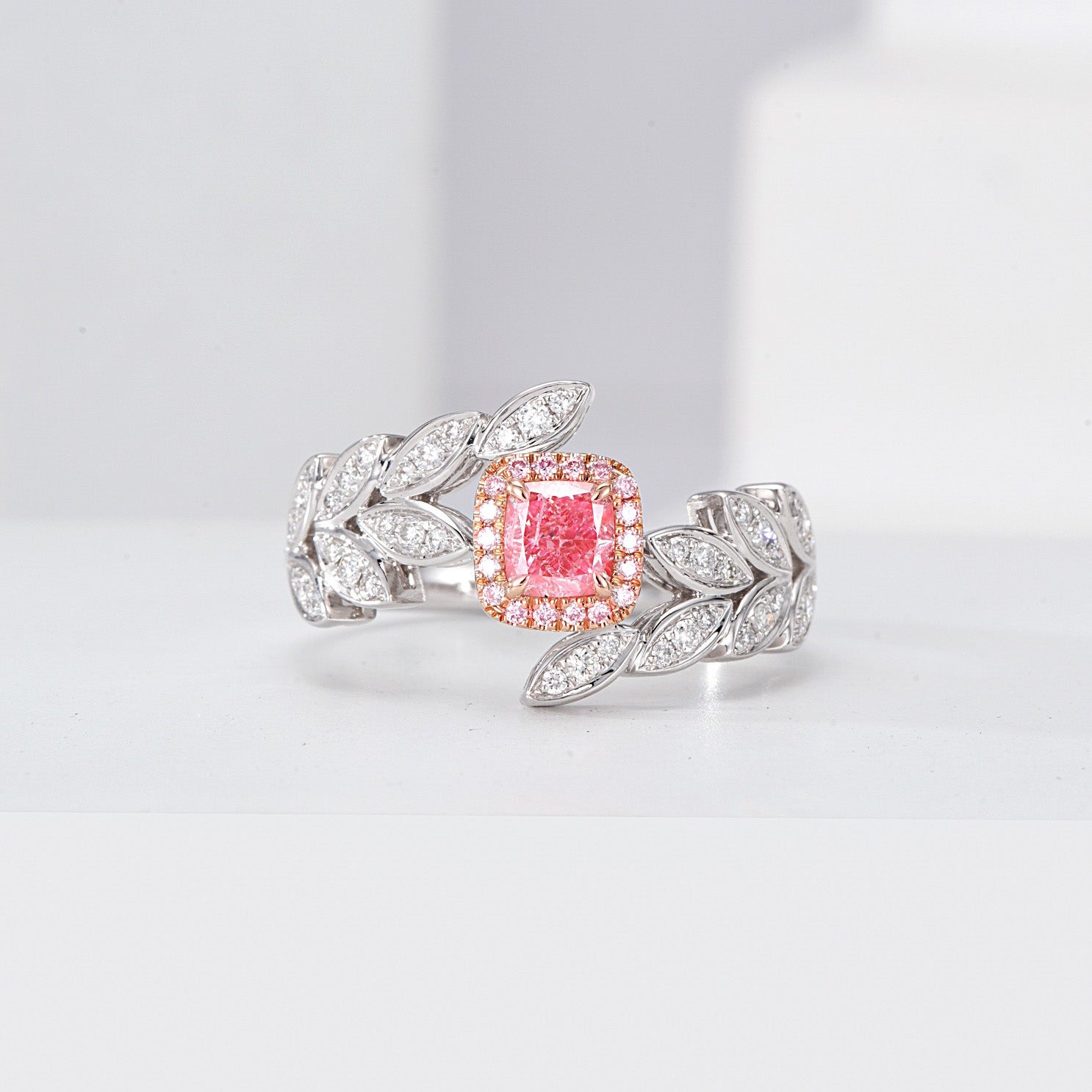 Cushion Cut Pink Diamond Engagement Ring with Olive Branch Design -Front View