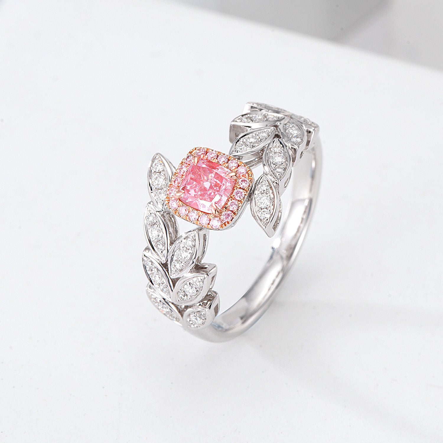 Cushion Cut Pink Diamond Engagement Ring with Olive Branch Design -Side Angle