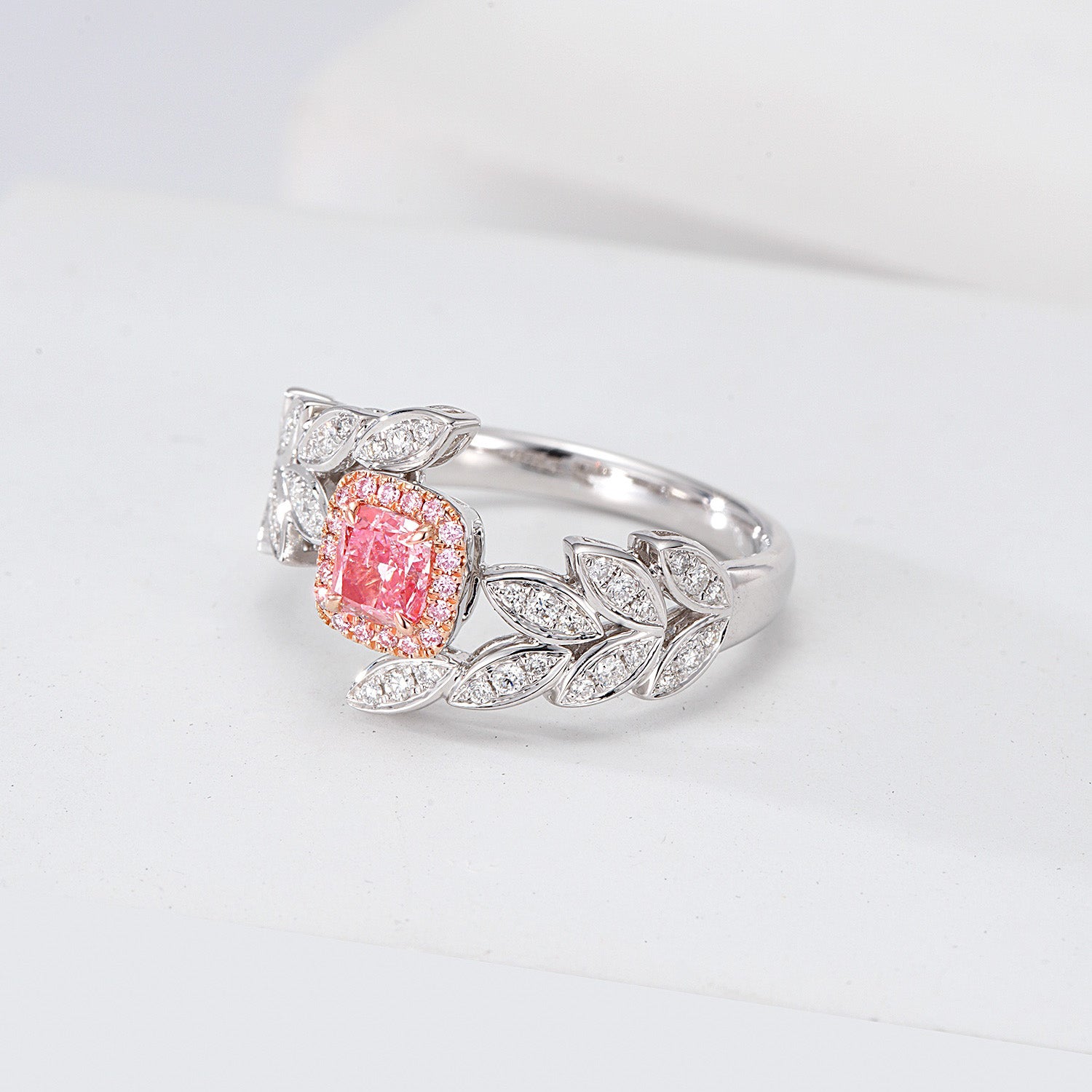 Cushion Cut Pink Diamond Engagement Ring with Olive Branch Design -Top View