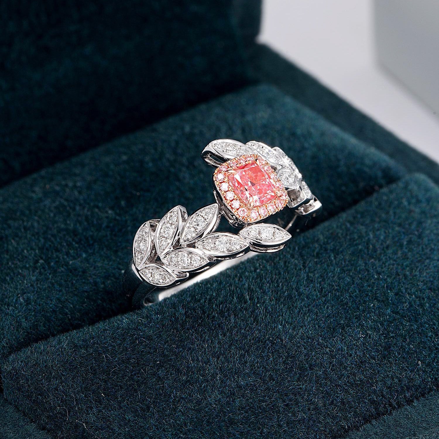 Cushion Cut Pink Diamond Engagement Ring with Olive Branch Design -Perspective Close-up