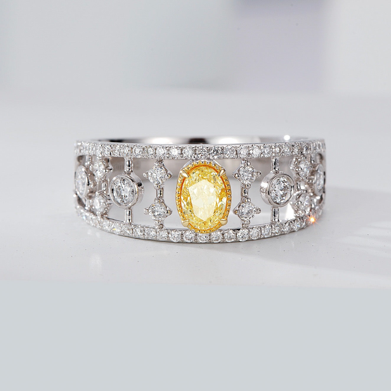 Oval Cut Yellow Diamond Wide Band Ring in 18K White Gold -Front View