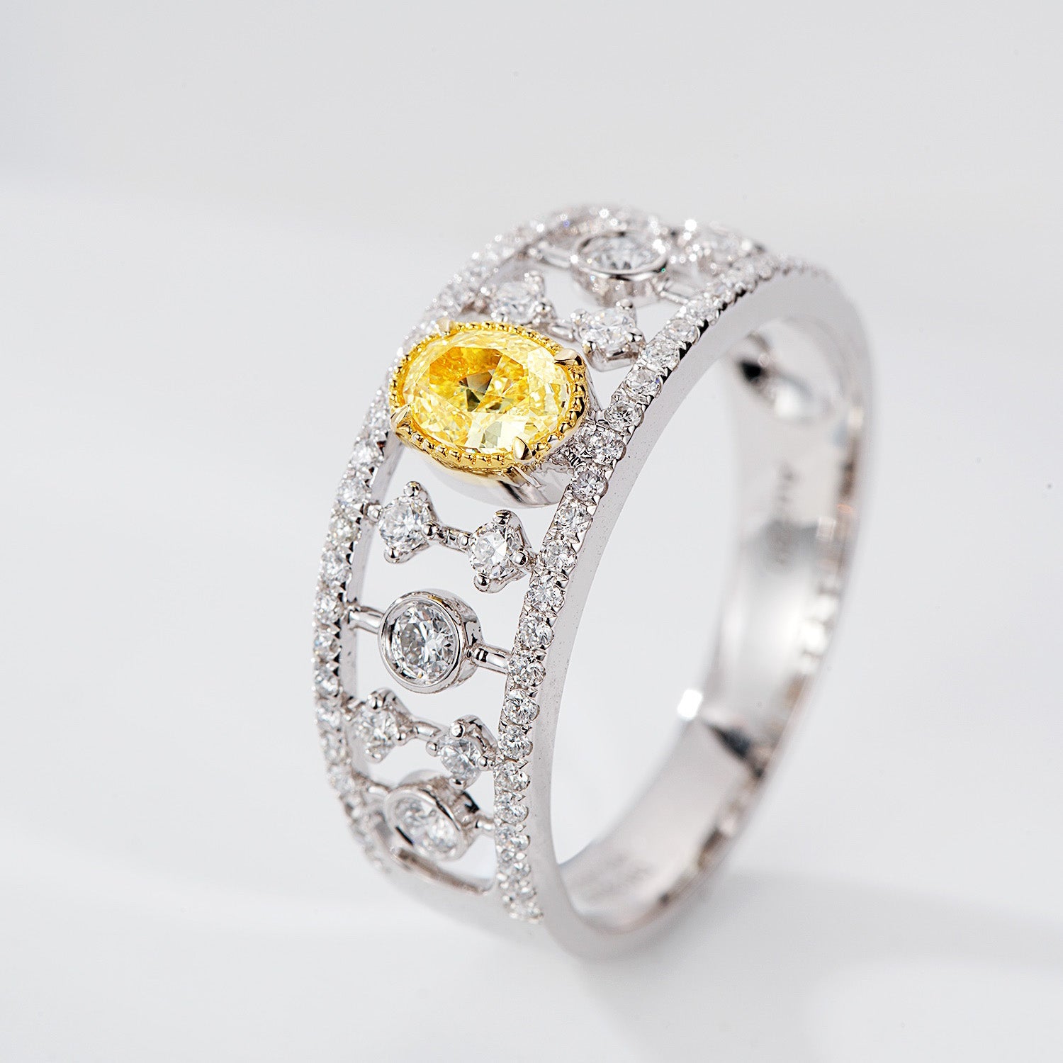 Oval Cut Yellow Diamond Wide Band Ring in 18K White Gold -Side Angle