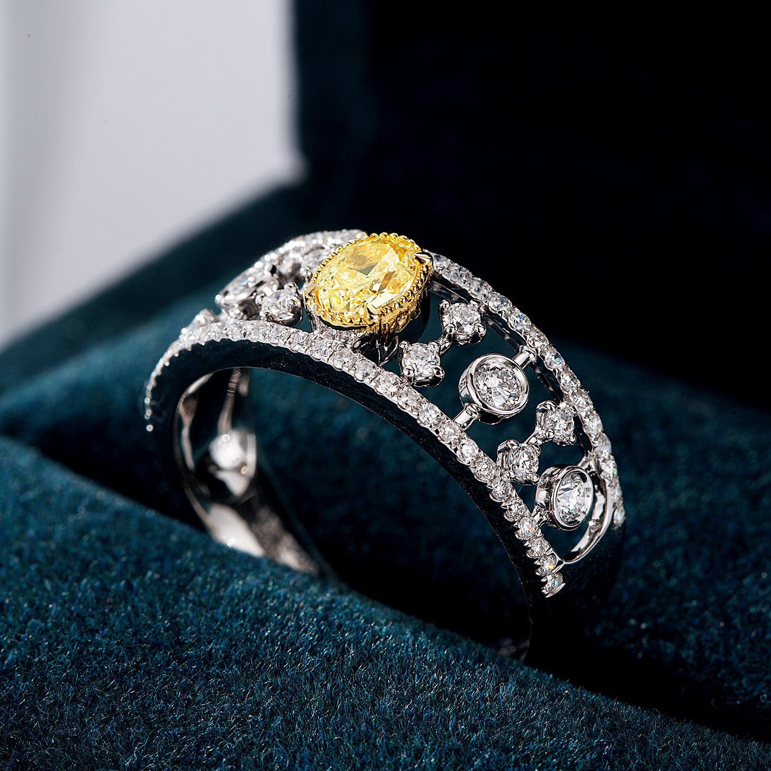 Oval Cut Yellow Diamond Wide Band Ring in 18K White Gold -Perspective Close-up