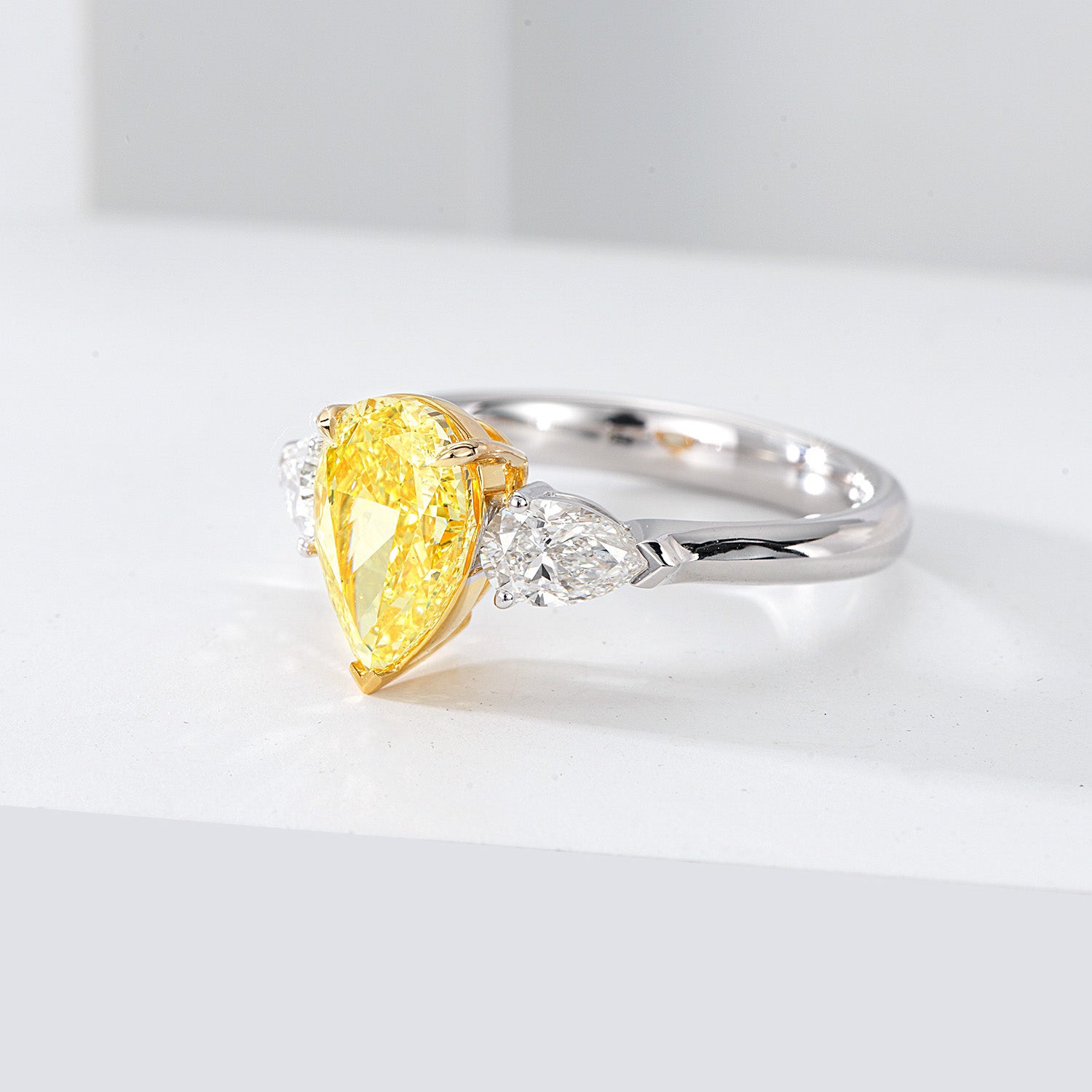 Three Stone Pear Shaped Yellow Diamond Engagement Ring in 18K White Gold -Top View